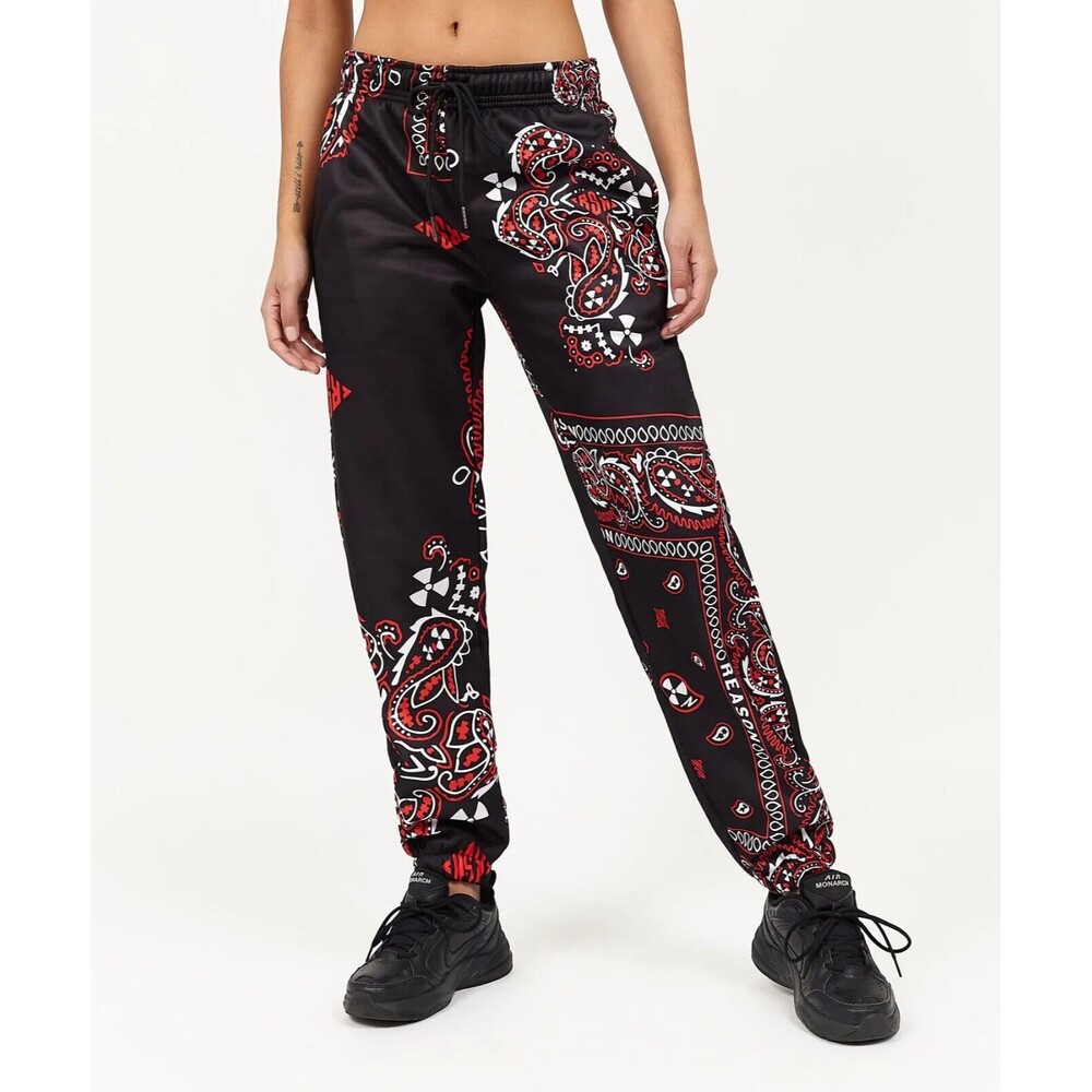 Reason Joggers Women’s Large Black Red White Bandana Paisley Print Sweatpants - Picture 8 of 9